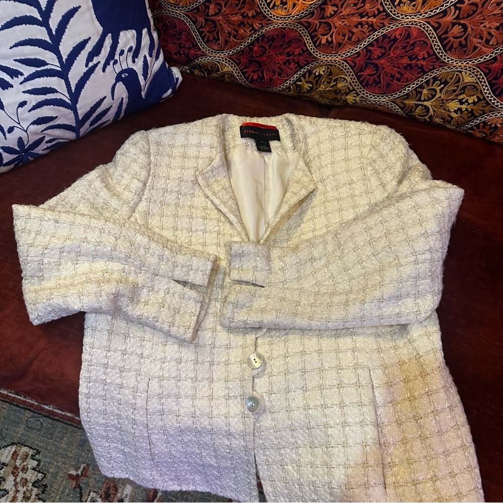 Nina McLemore Metallic Stitch Windowpane Tweed Ivory Silk Lined Blazer - Picture 11 of 16